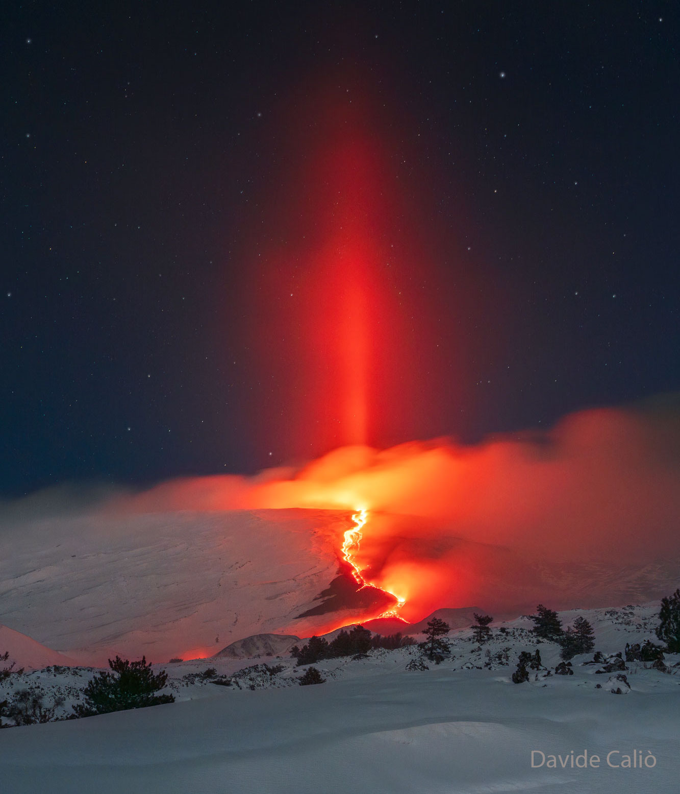 喷发中的埃特纳火山与上空的光柱