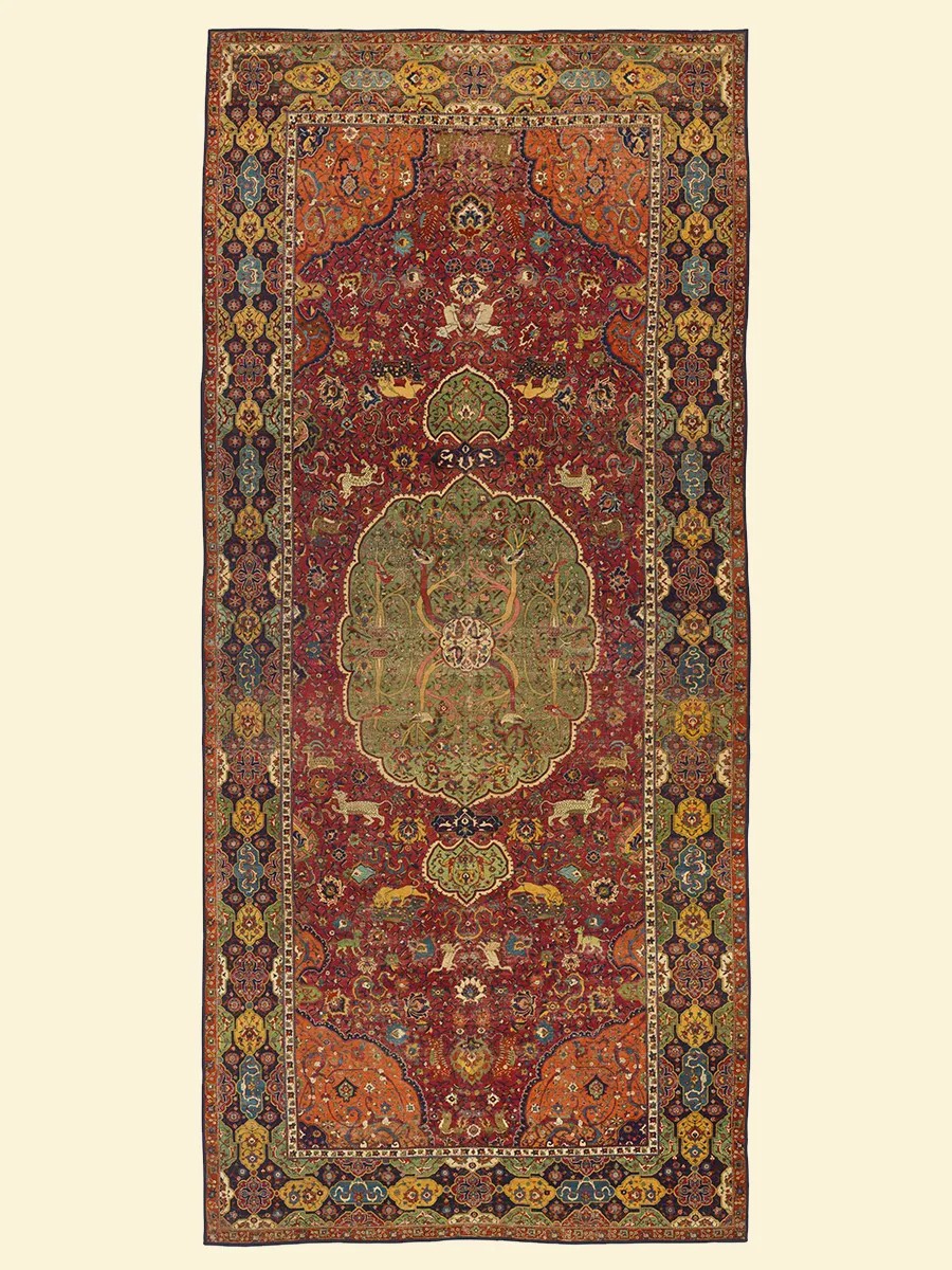 萨菲王朝苏莱曼沙阿一世“打猎”图地毯 大布里士，萨菲伊朗 约1610年 羊毛绒头、棉经、棉纬 ©多哈伊斯兰艺术博物馆 