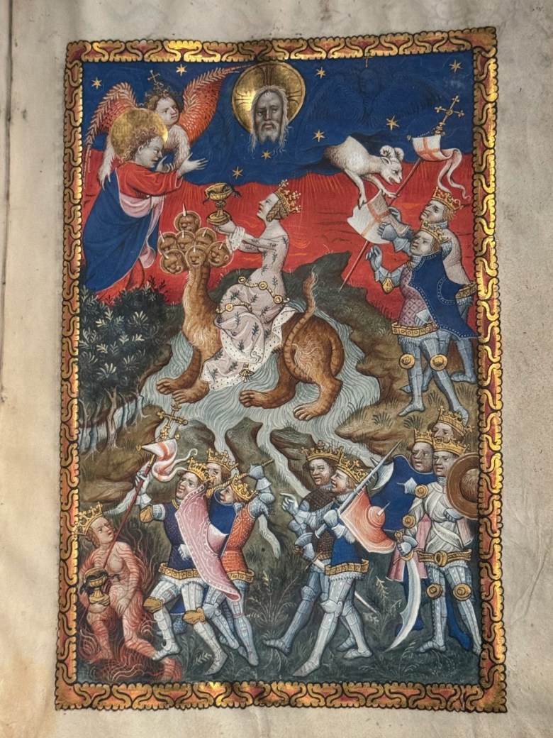 Detail of an unrecorded illuminator’s judgment of the Whore of Babylon，Flemish Apocalypse Manuscript (c. 1400)，produced in the southern low countries，held in the BnF’s département des Manuscrits Néerlandais #3，folio 20 recto