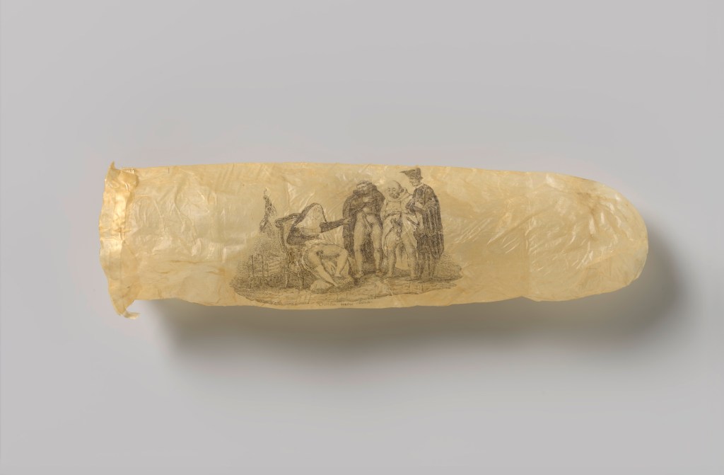 Let’s get inky! A 19th-century condom etched with an erotic print is now on view at the Rijksmuseum in Amsterdam in a display of various historical objects surrounding sex work and sexual health. Depicting an exposed nun pointing at three aroused clergymen，the condom is made of sheep intestine and dated to approximately 1830，when it was likely a souvenir from a luxury brothel in France.