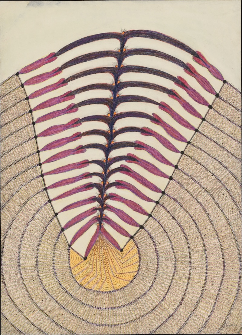 安娜·泽曼科娃，《无题》，1970-1975年，纸上圆珠笔、彩铅、铅笔、色粉及水粉，62.5×45厘米。洛桑原生艺术收藏（瑞士）。© Marie Humair，数字化工作室-洛桑市