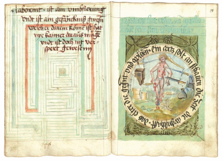 Unrecorded artist，“Labyrinth and Wound Man” (c.1515–19)，ink and paint on paper in a German Bild Enzyklopädie，probably made in Bavaria (image public domain PDM 1.0 via Biblioteka Jagiellońska，Kraków，Poland) 无名艺术家，《迷宫与受伤的人》（约1515-19年），纸本设色，德国图画百科全书，可能制作于巴伐利亚（图像公共领域 PDM 1.0，来源：克拉科夫雅盖隆大学图书馆，波兰）