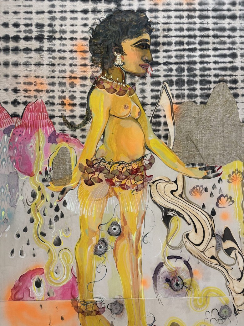 Detail of Rina Banerjee，“Not like Superman，a superwoman，unlike kryptonite，like a Native of your country’s forrest，it’s soil is what you are and you trust，coined as home is，a currency weighted down in stones” (2018)，ink and acrylic on two wooden panels
