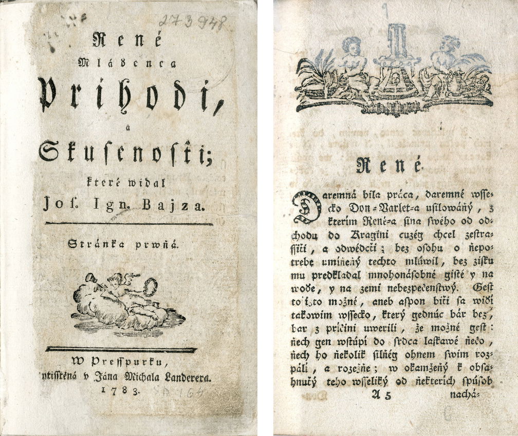 雷内，或：一个年轻人的冒险经历（René mláďenca príhodi a skúsenosťi，1783）的标题和第一页