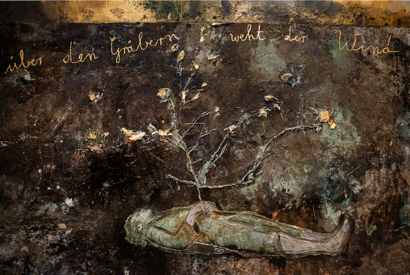 基弗年轻时的自画像，呈现的是躺在一块画板底部，胸前长出一棵树