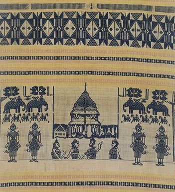 老挝  20世纪 寺庙宝塔人物动物纹织锦礼仪挂幡（局部）