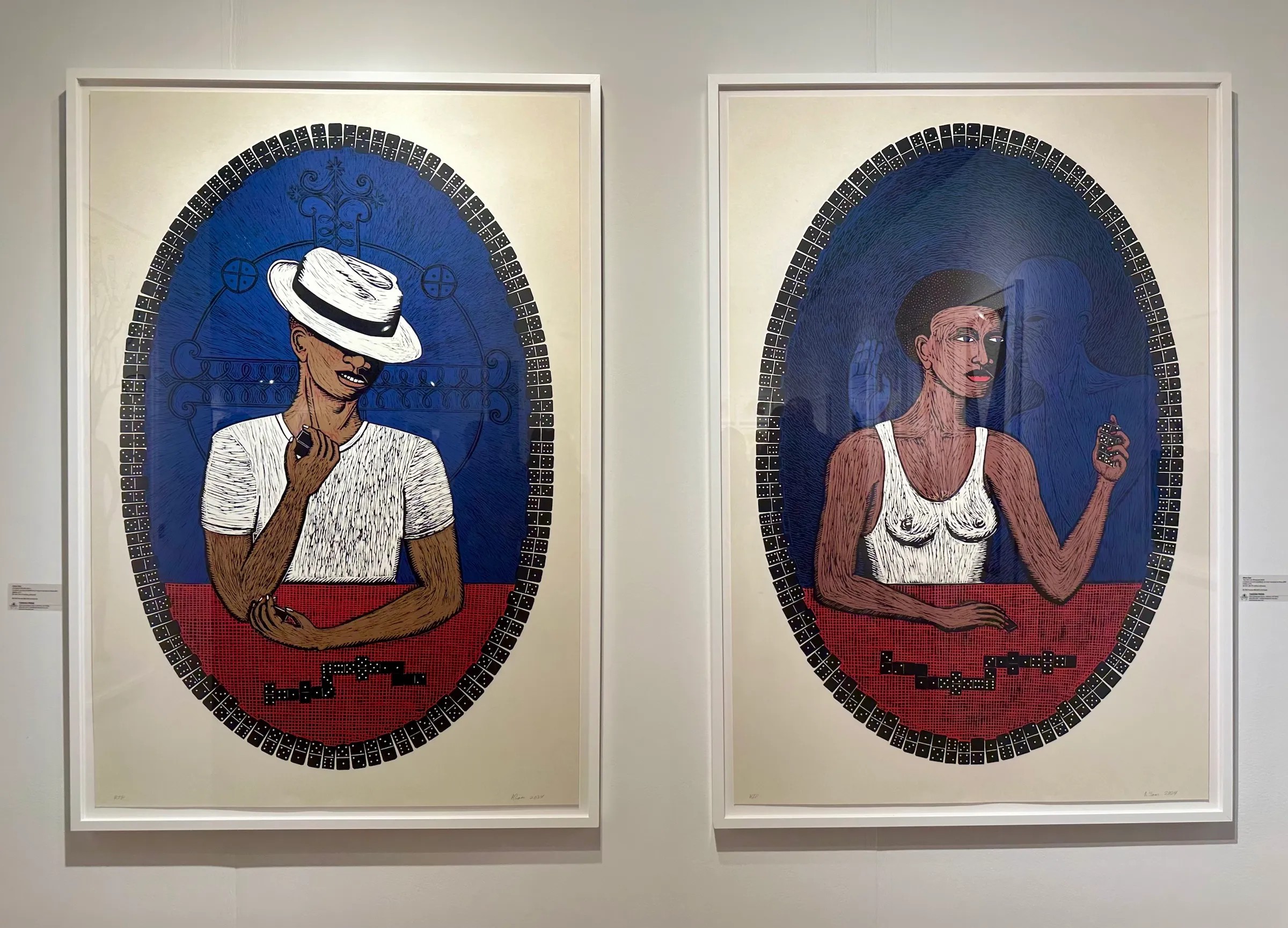 Alison Saar’s “Crossroad Shuffle” (left) and “Tips from the Boneyard” (right) at the booth of Tandem Press (all photos Lakshmi Rivera Amin/Hyperallergic)