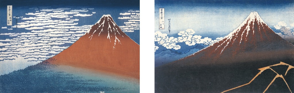 葛饰北斋，《富岳三十六景·凯风快晴（左）、山下白雨（右）》