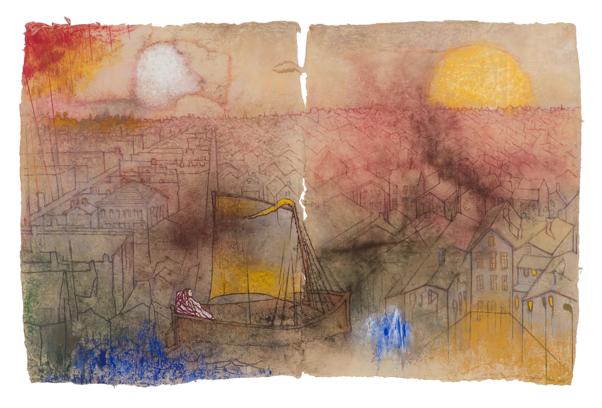 Irving Petlin，“STORMS: Yellow Sail，Chicago” (2012)，pastel on handmade paper