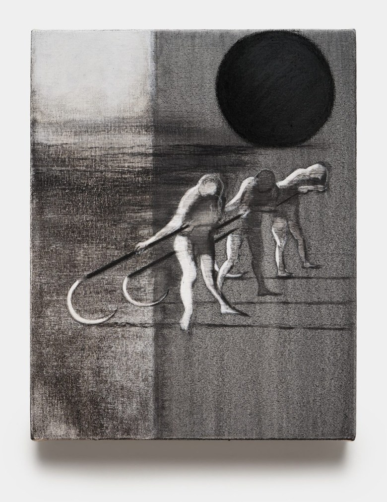 Cindy Ji Hye Kim，“Buried Fire” (2025)，acrylic，oil，graphite，charcoal，pastel on canvas