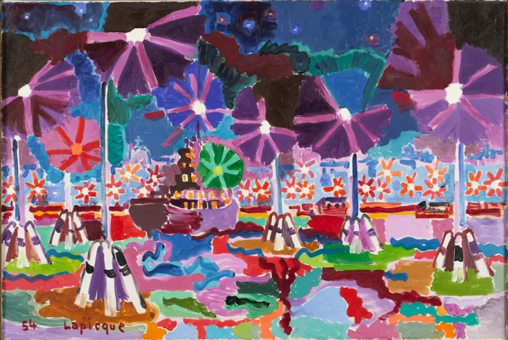 夏尔·拉皮克，《丽多岛上的黄昏》，1954年，布面油画，54 × 81 厘米，1978年由艺术家赠予，巴黎，蓬皮杜中心，法国国家现代艺术博物馆—工业设计中心 ©Charles LAPICQUE/ADAGP，Paris -SACK，Seoul，2025 Photo: © Centre Pompidou，MNAM-CCI/Bertrand Prévost/Dist. GrandPalaisRmn